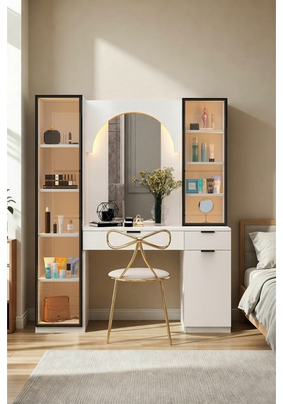 Meloni Işıklı Aynalı Makyaj Masası Organizer Çekmeceli Şifonyer+ Tek Cam Kapaklı Işıklı Dolap Beyaz Meloni Işıklı Aynalı Makyaj Masası Organizer Çekmeceli Şifonyer+ Tek Cam Kapaklı Işıklı Dolap Beyaz