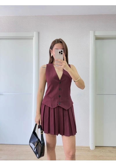 Defymoda Takım Görünümlu Yelekli Mini Elbise- Bordo Bordo