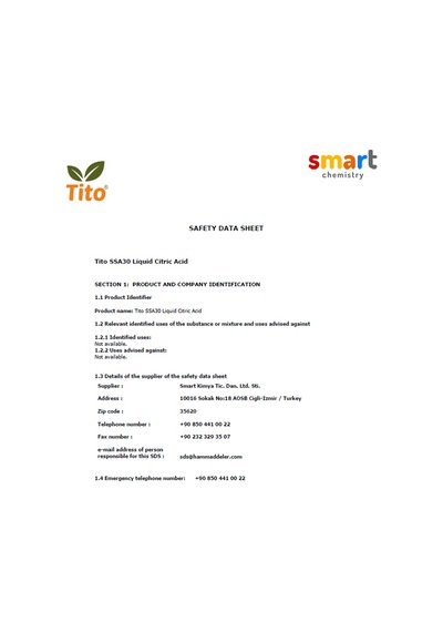 Sıvı Sitrik Asit Çözeltisi %30luk E330 Gıda Tipi 1 L