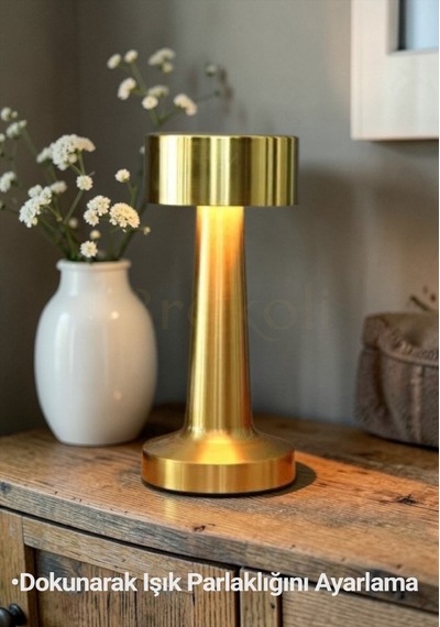 Dokunmatik Masa Gece Lambası Dokunmatik Lamba Abajur Led Şarjlı Masa Lambası Gold Boy:21 Cm Ledli Gold