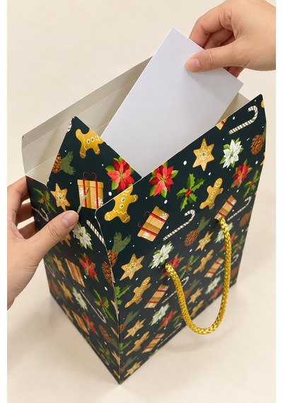 Yılbaşı Temalı Hediye Çantası - 1 Adet, 20x14x25 Cm, Kış Bahçesi Baskılı Karton Hediye Poşeti