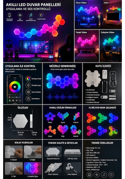 Hexagonel Oda Işığı Birleştirilebilir Rgb-ıc Telefon Ve Kumanda Kontrollü 8 Li