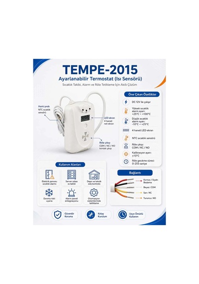 Tempe-2015 Ayarlanabilir Termostat Isı Sensörü Tüm Alarm Panellerini Destekler