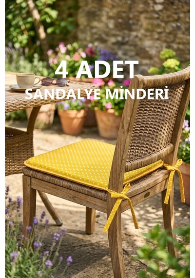 Comfort 4 Adet Sandalye Minderi Bağcıklı Özel Dikişli Süngerli Pamuklu Kumaş Sandalye Minderi Puanlı Sarı