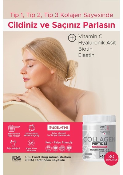 Tip 1, Tip 2 Ve Tip 3 Saf Hidrolize Kolajen, Pure Collagen Peptides, Hyaluronik Asit, Vitamin C, Biotin, Elastin Her Serviste Yüksek Kaliteli 10 Gr Kollajen , 306 Gram 30 Servis