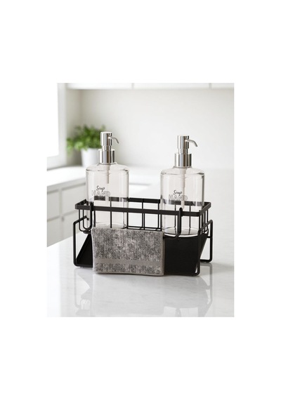 Buççin Online Mağaza Tezgah Üstü Sıvı Sabunluk Ve Süngerlik Organizer + 2 Adet Sıvı Sabunluk İle Set Metal Siyah Çok Renkli