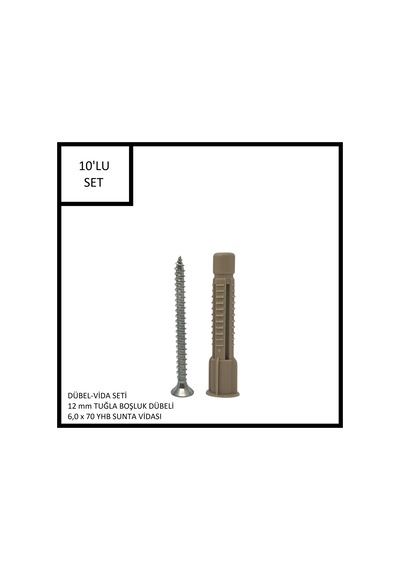Dübel-vida Seti, Tuğla Boşluk Dübeli 12 Mm, 6,0x70 Yhb Sunta Vidası, 10 Adet