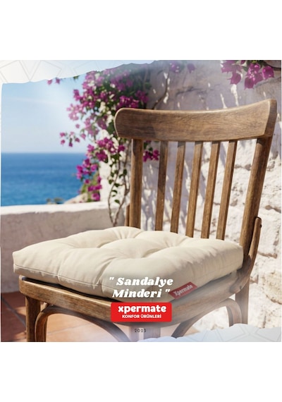 Pofuduk Sandalye Minderi Bağcıklı 40x40 Cm Yıkanabilir Dekoratif Mutfak Bahçe Piknik Minderi Krem