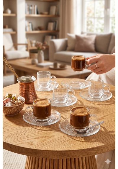 6 Kişilik Cam Kahve Fincan Takımı Pinterest Tarzı Bohem Şık Cam Tabaklı Modern Türk Kahvesi Sunumu Şeffaf