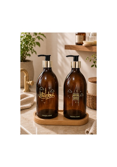 Buççin Online Mağaza Cam Sabunluk Seti 2'li Bambu Standlı 500 Ml - Galata & İstanbul Cam Kahverengi Çok Renkli