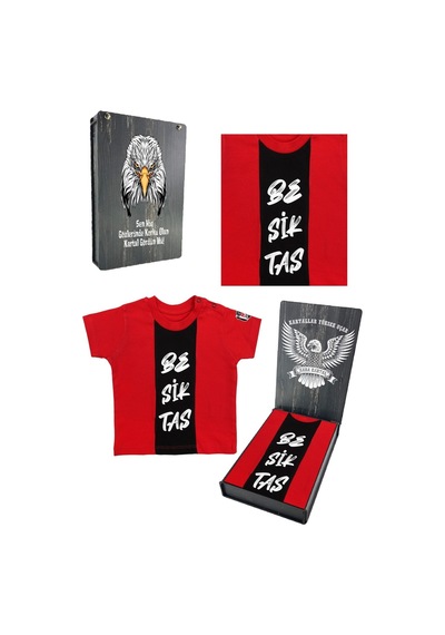 Beşiktaş Lisanslı Kırmızı Bebek T-shirt Hediyelik Ahşap Kutulu Siyah