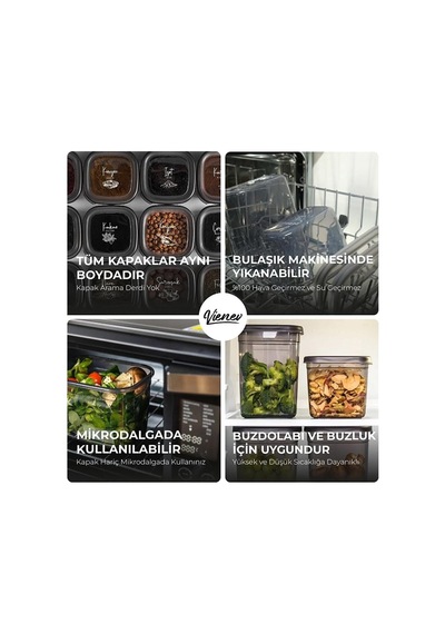 Beyaz Serigrafi Etiketli Kare Erzak Saklama Kabı 12'li Set 4x 0,55 Litre, 1,2 Litre, 1,75 Litre , Bnm12lı