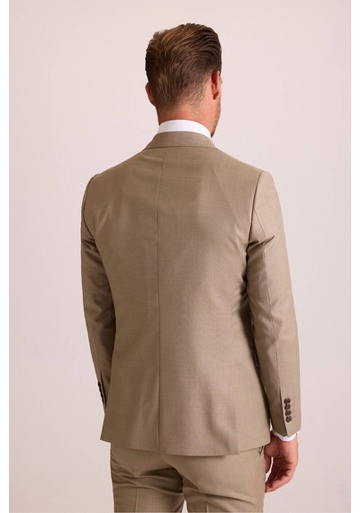 Ysf Erkek Bej Slim Fit Sivri Yaka Yelekli Takım Elbise Bej