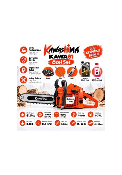 Algaride Kawa61 61.5cc Benzinli Motorlu Testere 3.9hp 3/8 36 Zincir Yedek Zincir 1l 2t Yağ 3l Zincir Yağı Buji Eğe Özel Set Kawashima