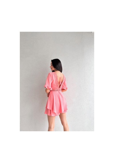 Munora Butik Sırt Dekolteli Brode Detaylı Pembe Tulum Elbise Pembe Pembe