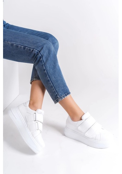 Mevese Vera Çift Cırtlı Kadın Günlük Sneaker Kalın Taban Rahat Ayakkabı - Beyaz
