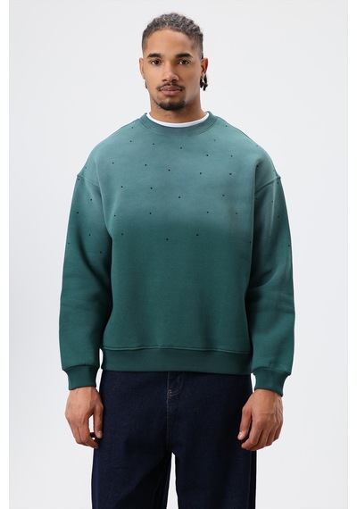 Vamos Yıkamalı Taş Detaylı Oversize Sweatshirt Nefti