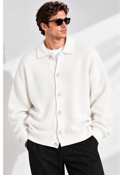 Genıus Store Erkek Hırka Oversize Kalıp Düğmeli Polo Yaka Triko Kazak Çekme/uzama Yapmaz Erkek-hırka Beyaz