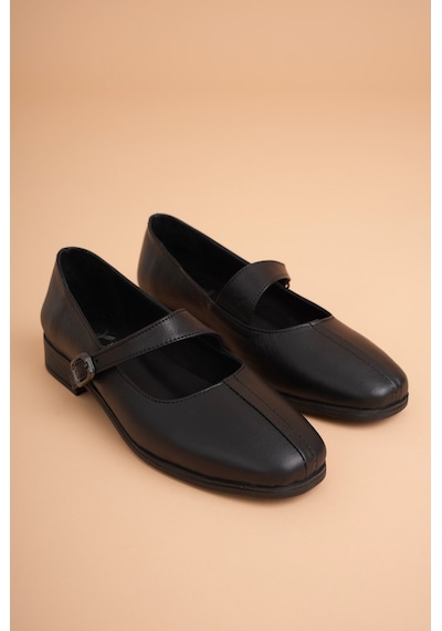 Analin Shoes Kadın Hakiki Deri Toka Detaylı Babet Siyah