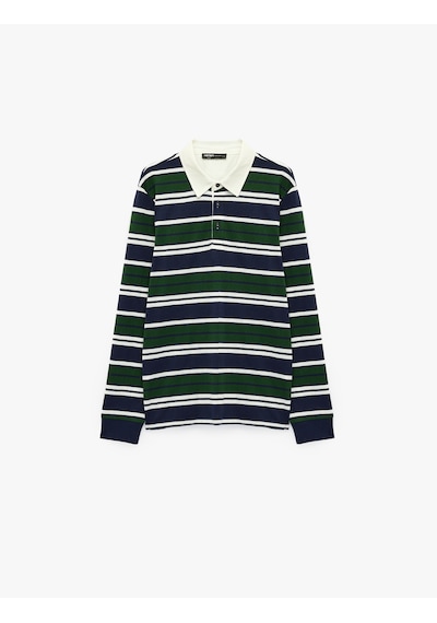 Koton Pamuklu Uzun Kollu Düğmeli Polo Yaka Çizgili Sweatshirt Yeşil Çizgili 6sam70050mk