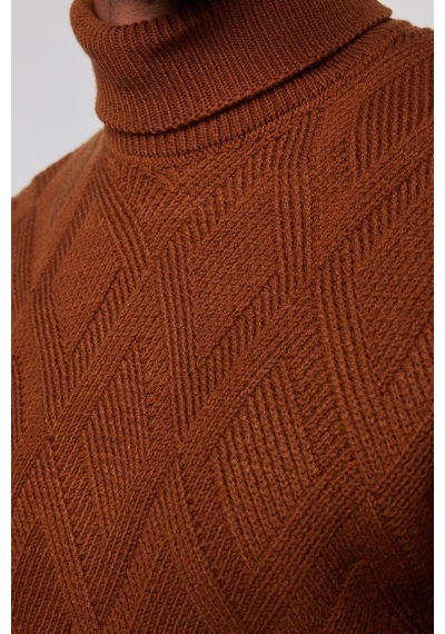 Tudors Slim Fit Dar Kesim Tam Balıkçı Yaka Desenli Kahverengi Erkek Triko Kazak-29716-kahverengi Kahverengi