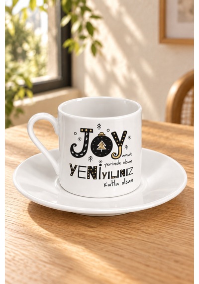 Joyumuz Yerinde Olsun Baskılı Tabaklı Türk Kahvesi Fincanı Beyaz