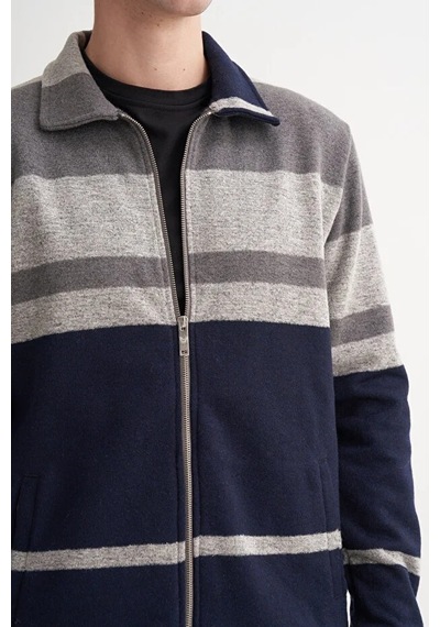 Cazador Hazır Örme Çizgili Vintage Yün Karışımlı Regular Fit Fermuarlı Sweat Hırka Gri