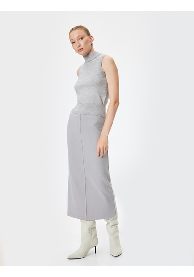 Koton Midi Boy Slim Fit Standart Bel Kalem Triko Etek Gri 5wak10037ek Gri