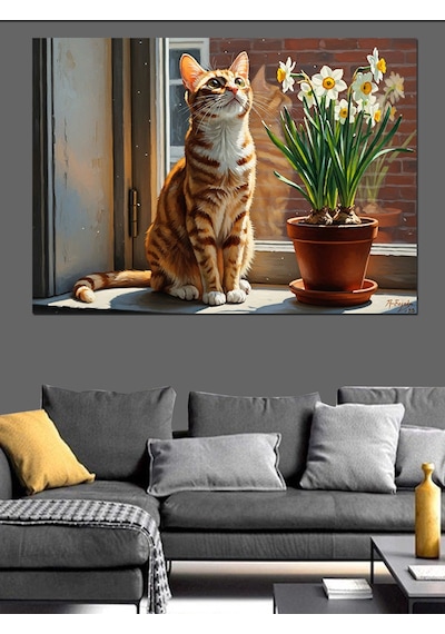 Ahşap Tablo Pencere Kenarında Duran Tekir Kedi
