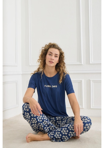Kompedan Kadın Çiçek Desenli Bisiklet Yaka Pijama Takım Lacivert 30102-963 Lacivert