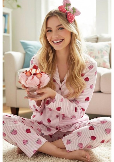 Siyah İnci Mevsimlik İnce Düğmeli Örme Pijama Takım 7978 Çilek Desenli