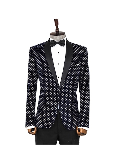 Wessi Nokta Desenli Slim Fit Lacivert Erkek Smokin Ceket Lacivert