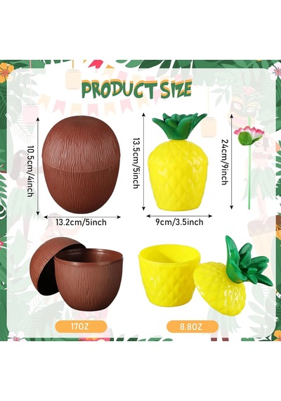 Mey İthalat Ananas &amp Hindistan Cevizi Tasarımlı Pipetli Bardak Seti 6 Adet
