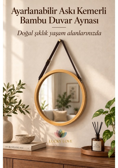 Bambu Çerçeveli Yuvarlak Duvar Aynası 30 Cm Ayarlanabilir Askı Kemerli Dekoratif Ayna Ahşap  - Bej