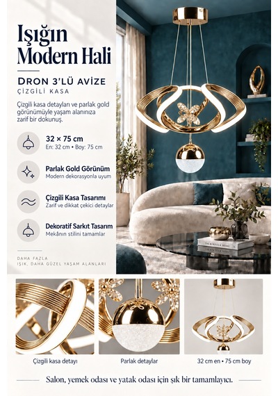 Dron 3 Lü Modern Ledli Avize Çizgili 3 Renk Power Ledli Gold Kaplama Kumandalı Çoçuk Odası Yatak Odası Mutfak