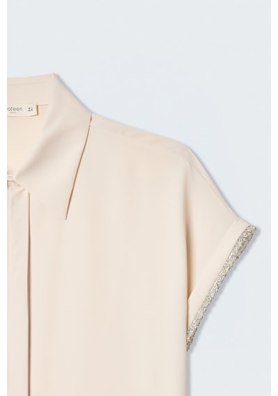 Sateen Kısa Kollu Aksesuarlı Gömlek - Bej-137540