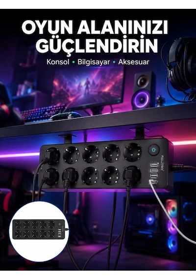 Usb Ve Type-c Çıkışlı 10'lu Akım Korumalı Çoklu Priz Güç Dağıtıcı 0