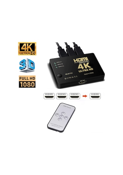 Hdmi Çoklayıcı 3 Port 4K Kumandalı Ultra Hd Hdmi Switch Splitter