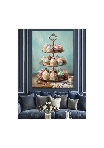 Üç Katlı Renkli Cupcake Standı Yağlı Boya Dokulu Kanvas Tablo Canvas Tablosu