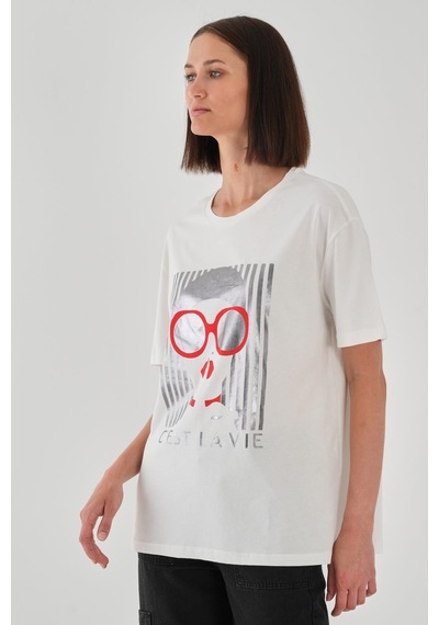 Alexandergardı Baskılı Siyah Kadın T-shirt Ekru