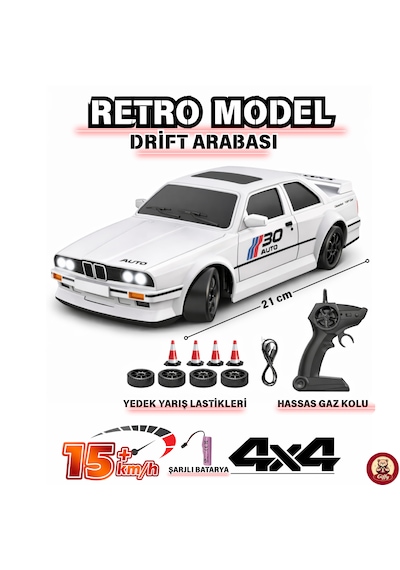 Oyuncak Bmw E30 Drift Araba 4x4 Uzaktan Kumandalı Araba 2.4ghz Şarjlı Led Işıklı 15 Km Hız Araba Beyaz