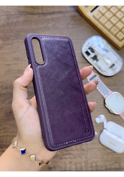 Samsung Galaxy A70 Uyumlu Premium Deri Dokulu Darbelere Karşı Dayanıklı Nazal Silikon Kılıf Mor