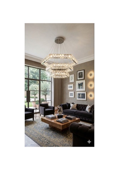 Kristal Taşlı Led Avize Sarkıt 3 Renk Işık Kumandalı Cam 3 Katlı Altıgen Salon Villa Avizesi Gümüş