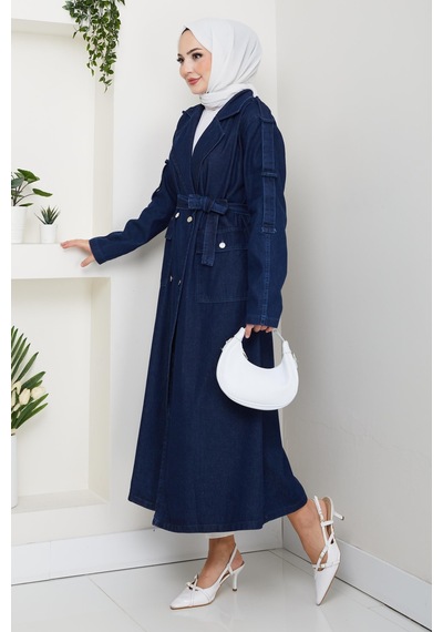 Hb Harma Time Butik Kadın Cepli Kuşaklı Denim Lacivert Trençkot