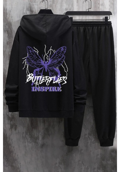 Uyguntarz Unisex Butterfly & Letter Graphic Baskılı Eşofman Takımı Siyah