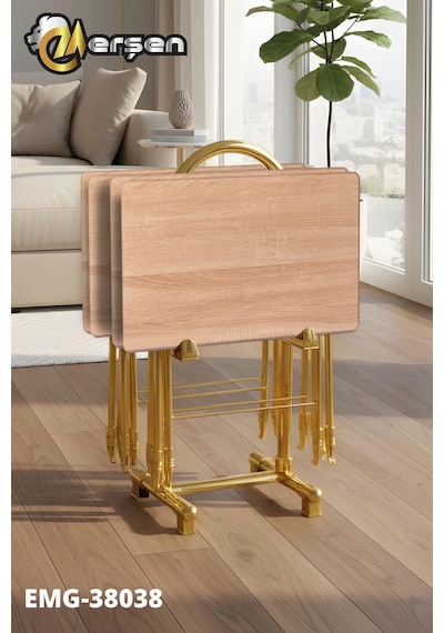 Eranş Serisi 4'lü Katlanır Mdf Mebran Ahşap Çanta Zigon Sehpa Gold Ayak Açık Atlantik Çam Desen Gold Ayak
