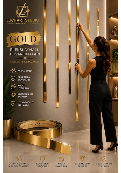 Lucitart Studio 5 Adet 5cmx120cm 1mm Kalınlığında Kendinden Yapışkanlı Pleksi Aynalı Duvar Çıtası 9 Renk Seçeneği Dekoratif Duvar, Kapı, Tv Ünitesi Ve Mobilya Çıtası Altın