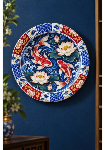 Dekoratif Duvar Tabağı - Koi Balığı Ve Lotus Çiçekleri - Dekorlu Seramik Tabak