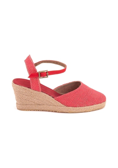 Star Tombis Gerçek Elişi Topuğu Açık Bilekten Bantlı Dolgu Topuk Keten Hasır Espadril Handmade Kırmızı