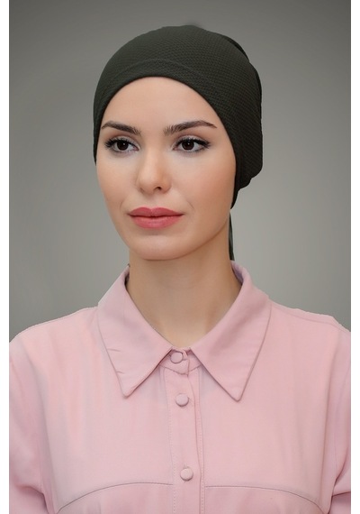 Hürrem Bone Haki Pratik Hazır Geçmeli Tesettür Bone Petekli Güllü 1201_09 Haki